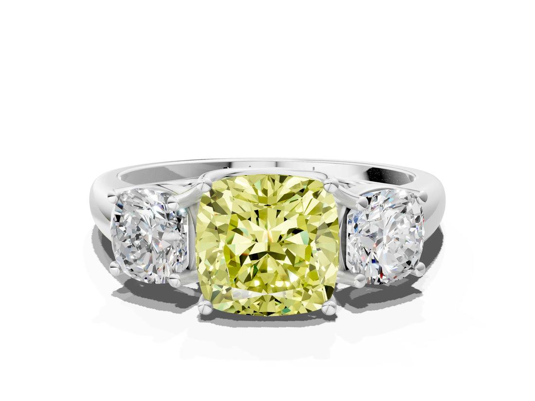 White gold Three-Stone Fancy Yellow Cushion Cut Diamond Engagement Ring with Prong Setting_15