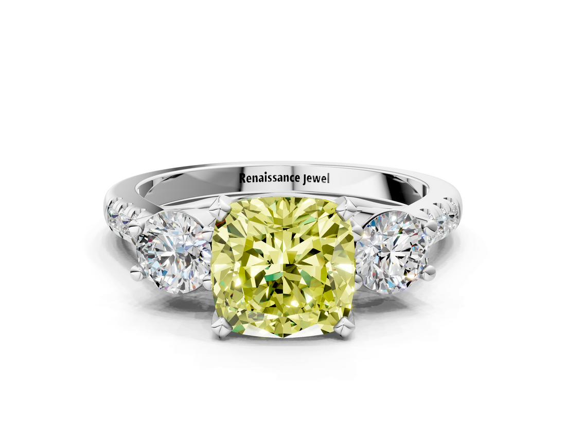 White gold Three-Stone Fancy Yellow Cushion  Cut Diamond Pavé Band with Four-Prong Setting_28
