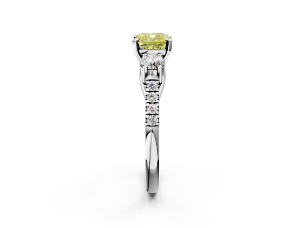 White gold Three-Stone Fancy Yellow Cushion Cut Diamond Pavé Band with Four-Prong Setting