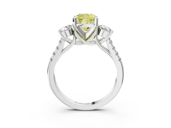 White gold Three-Stone Fancy Yellow Cushion Cut Diamond Pavé Band with Four-Prong Setting