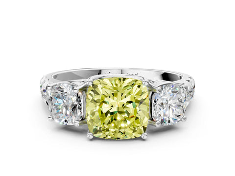 White gold Three-Stone Fancy Yellow Cushion Cut Diamond Pavé Band with Prong Setting_12