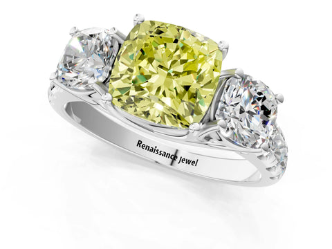 White gold Three-Stone Fancy Yellow Cushion Cut Diamond Pavé Band with Prong Setting_13