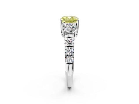 White gold Three-Stone Fancy Yellow Cushion Cut Diamond Pavé Band with Prong Setting_14