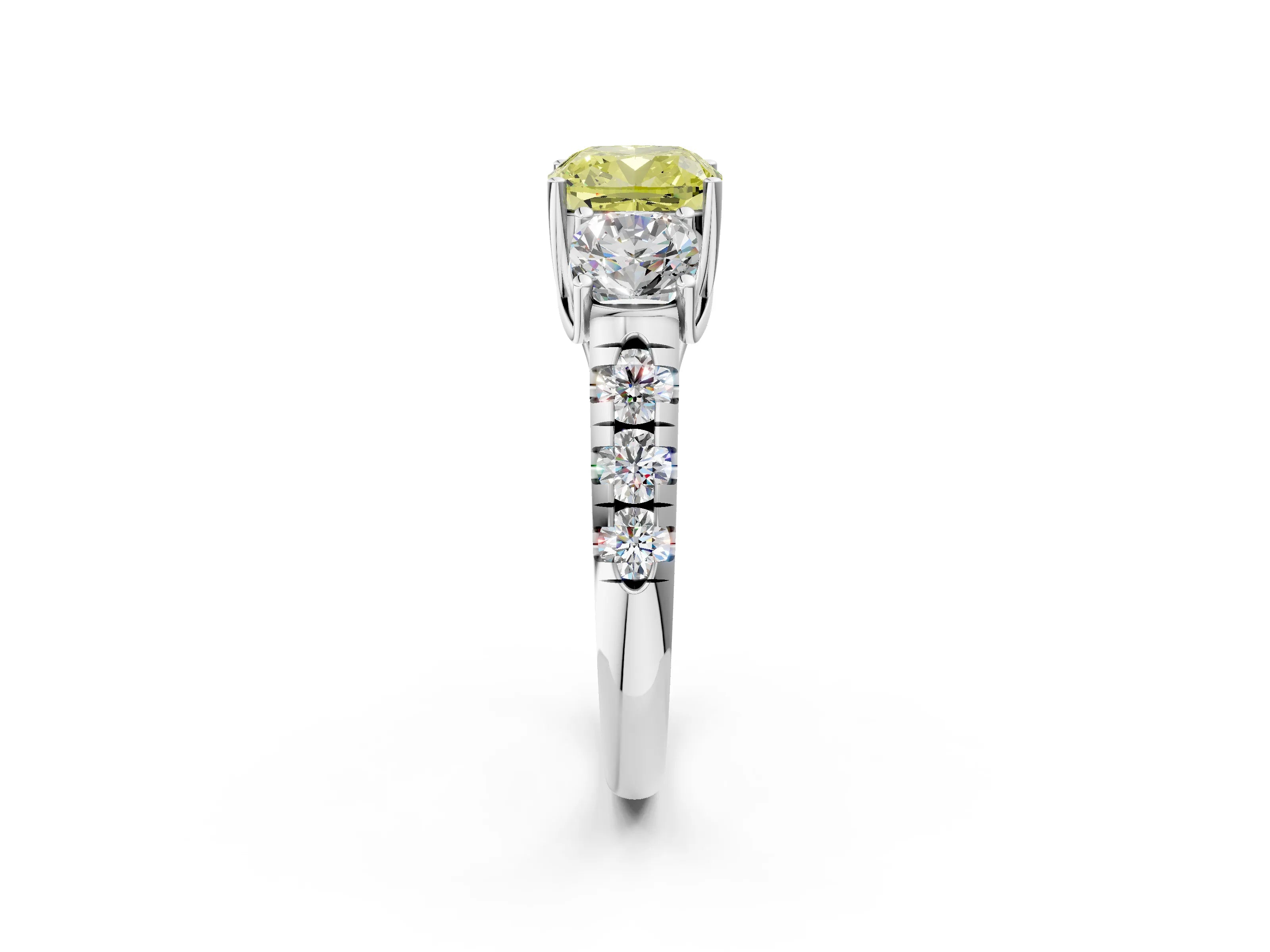 White gold Three-Stone Fancy Yellow Cushion Cut Diamond Pavé Band with Prong Setting_14