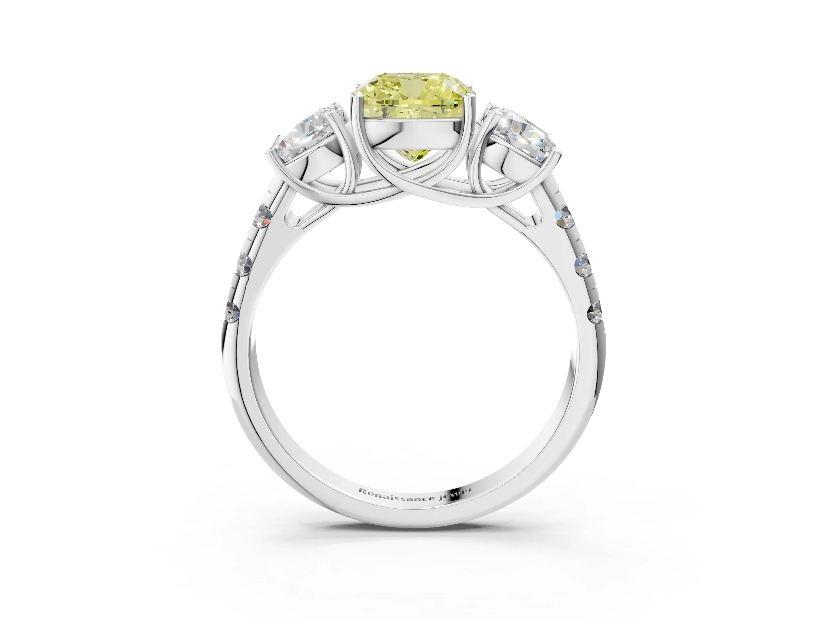 White gold Three-Stone Fancy Yellow Cushion Cut Diamond Pavé Band with Prong Setting_15