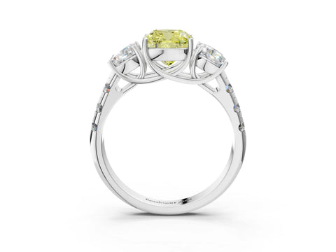 White gold Three-Stone Fancy Yellow Cushion Cut Diamond Pavé Band with Prong Setting_15