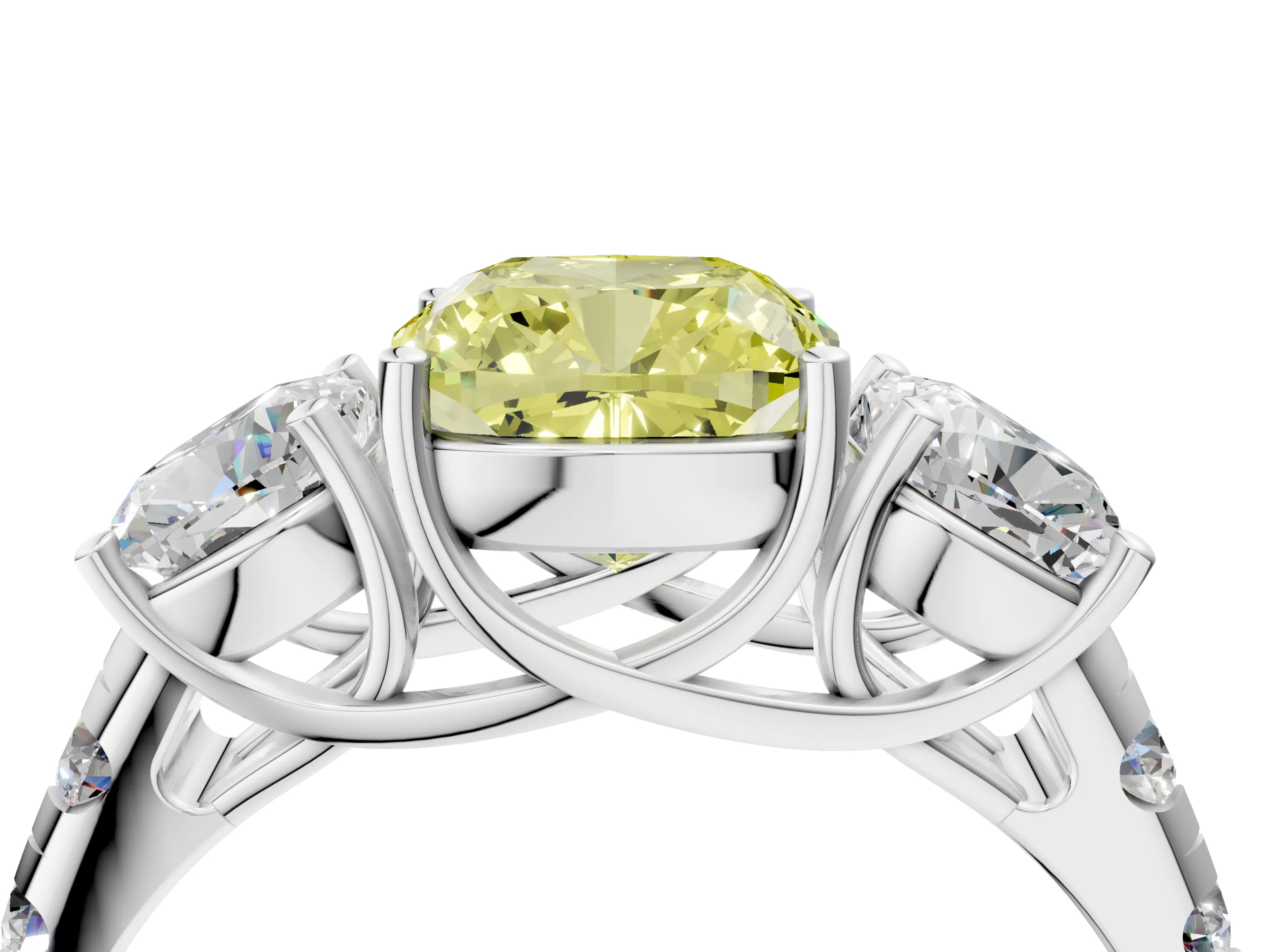 White gold Three-Stone Fancy Yellow Cushion Cut Diamond Pavé Band with Prong Setting_16