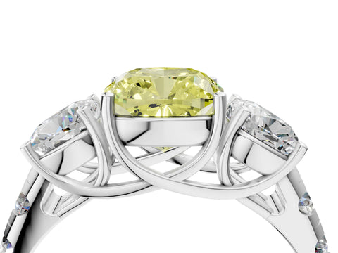White gold Three-Stone Fancy Yellow Cushion Cut Diamond Pavé Band with Prong Setting_16