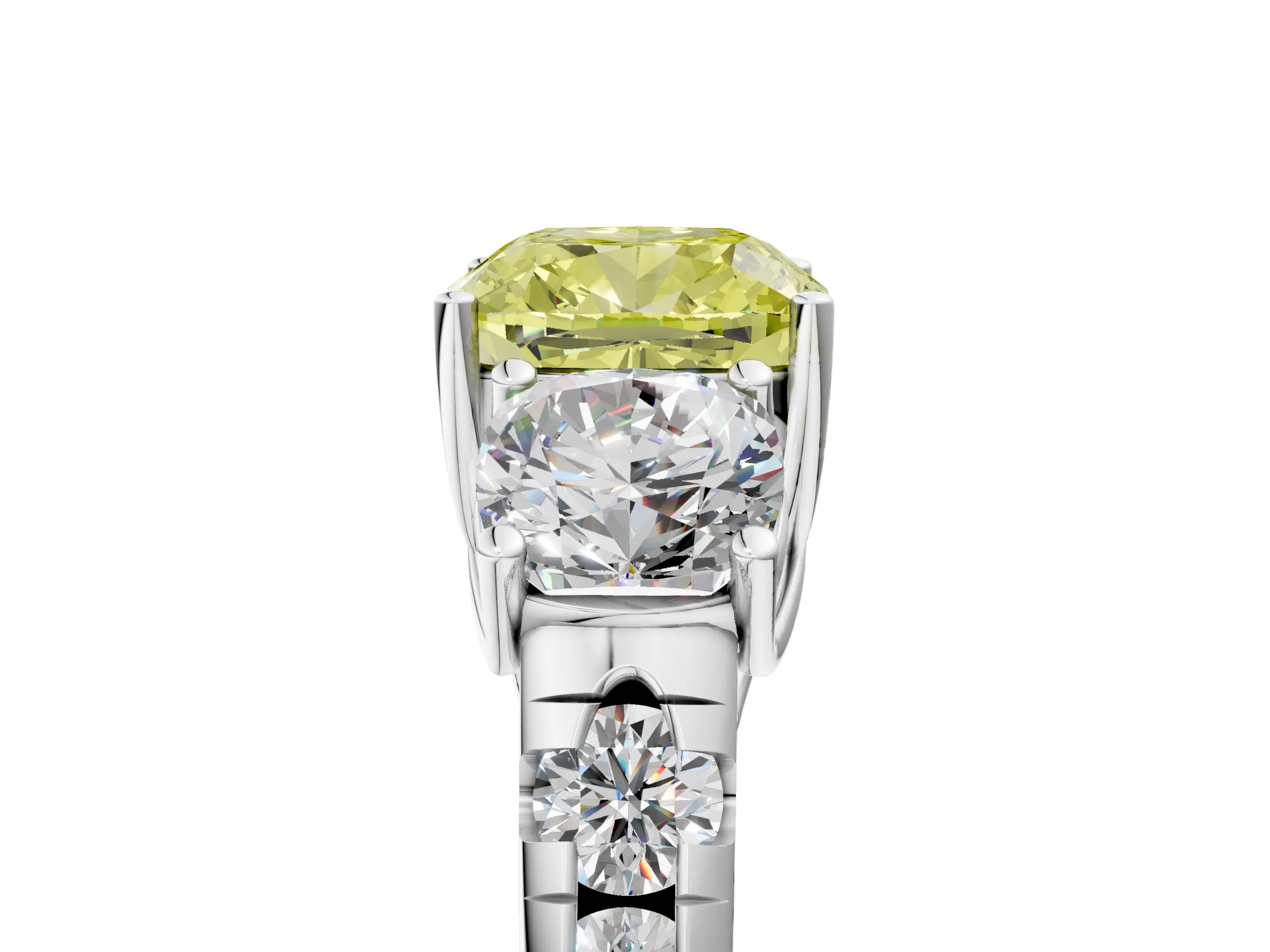 White gold Three-Stone Fancy Yellow Cushion Cut Diamond Pavé Band with Prong Setting_17