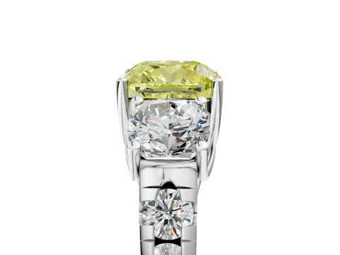 White gold Three-Stone Fancy Yellow Cushion Cut Diamond Pavé Band with Prong Setting_17