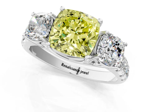 White gold Three-Stone Fancy Yellow Cushion Cut Diamond Pavé Band with Prong Setting_1