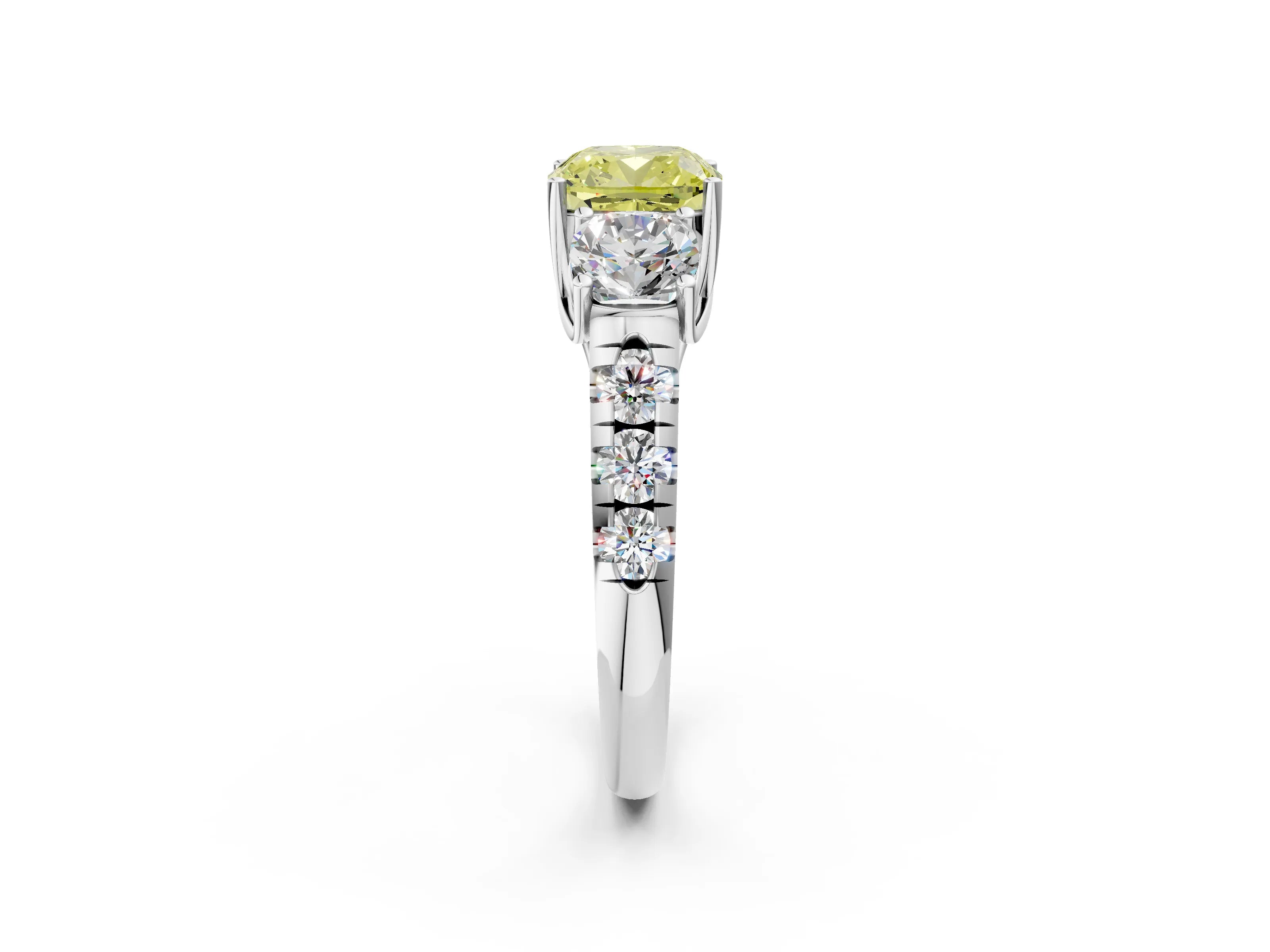 White gold Three-Stone Fancy Yellow Cushion Cut Diamond Pavé Band with Prong Setting_2