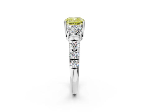 White gold Three-Stone Fancy Yellow Cushion Cut Diamond Pavé Band with Prong Setting_2