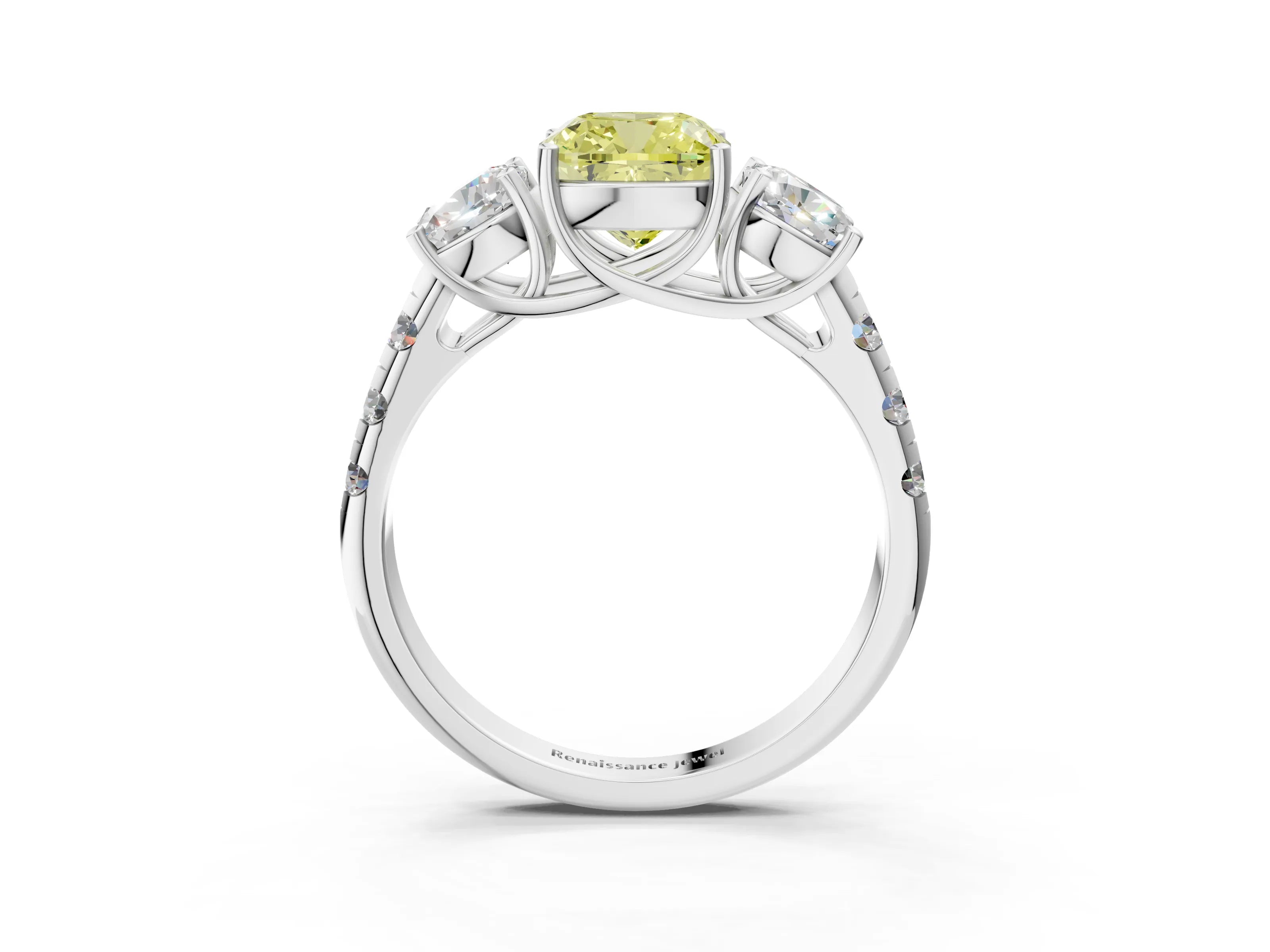 White gold Three-Stone Fancy Yellow Cushion Cut Diamond Pavé Band with Prong Setting_3