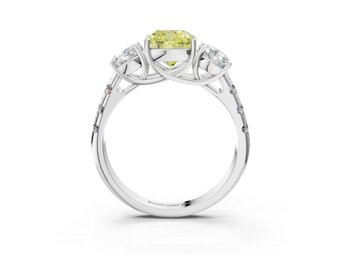 White gold Three-Stone Fancy Yellow Cushion Cut Diamond Pavé Band with Prong Setting_3