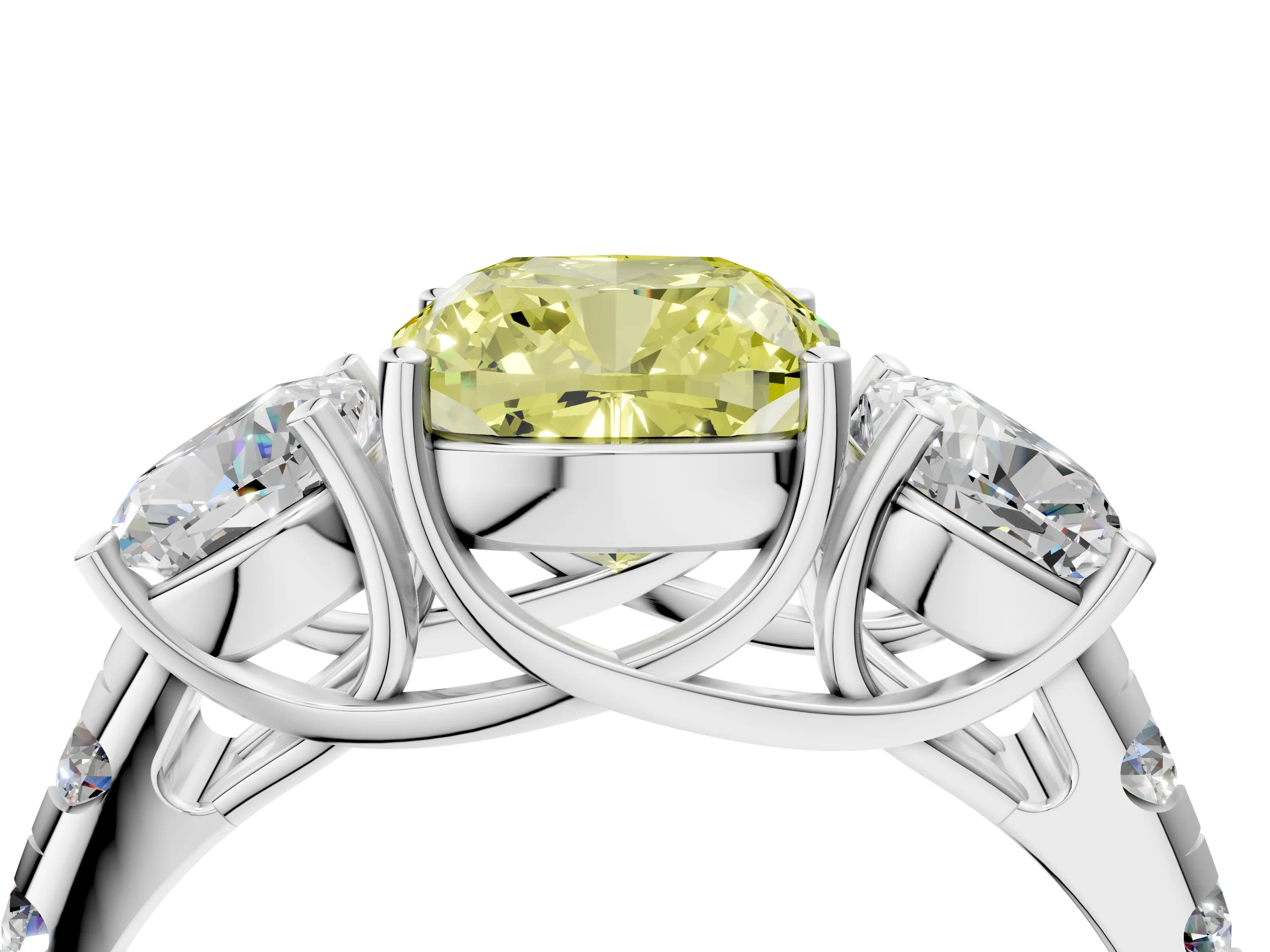 White gold Three-Stone Fancy Yellow Cushion Cut Diamond Pavé Band with Prong Setting_4