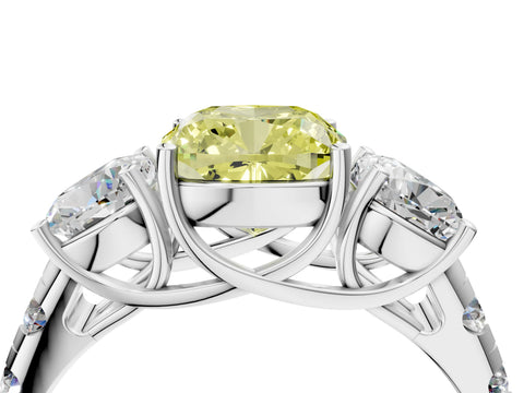 White gold Three-Stone Fancy Yellow Cushion Cut Diamond Pavé Band with Prong Setting_4