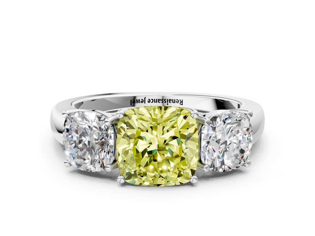 White gold Three-Stone Fancy Yellow Cushion  Cut Diamond Ring with Channel-Set Band and Four-Prong Setting_76