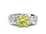 White gold Three-Stone Fancy Yellow Cushion Cut Diamond Ring with Pavé Band and Prong Setting_127