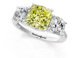White gold Three-Stone Fancy Yellow Cushion Cut Diamond Ring with Pavé Band and Prong Setting_129