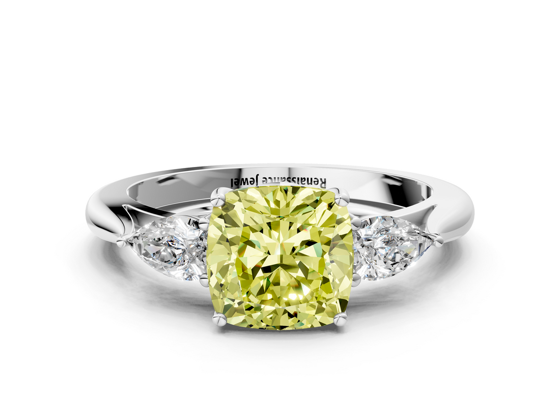 White gold Three-Stone Fancy Yellow Cushion  Cut Diamond Ring with Pear Side Stones in Four-Prong Setting_108