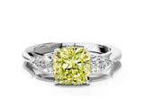 White gold Three-Stone Fancy Yellow Cushion Cut Diamond Ring with Pear  Side Stones in Four-Prong Setting_60