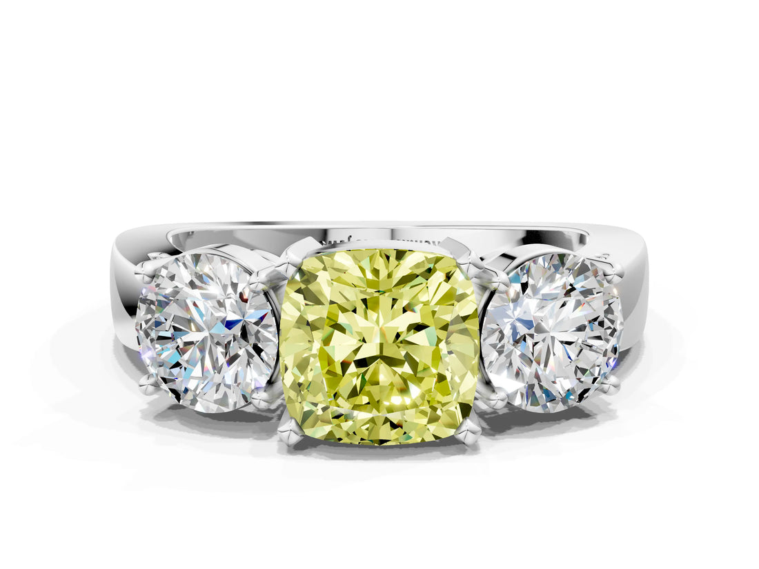 White gold Three-Stone Fancy Yellow Cushion Cut Diamond Ring with Round Side Stones, Classic Band, and Four-Prong Setting_42