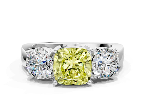 White gold Three-Stone Fancy Yellow Cushion Cut Diamond Ring with Round Side Stones, Classic Band, and Four-Prong Setting