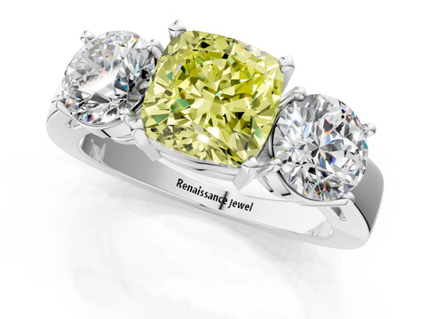 White gold Three-Stone Fancy Yellow Cushion Cut Diamond Ring with Round Side Stones, Classic Band, and Four-Prong Setting_43