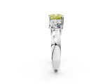 White gold Three-Stone Fancy Yellow Cushion Cut Diamond Ring with Round Side Stones, Classic Band, and Four-Prong Setting_44