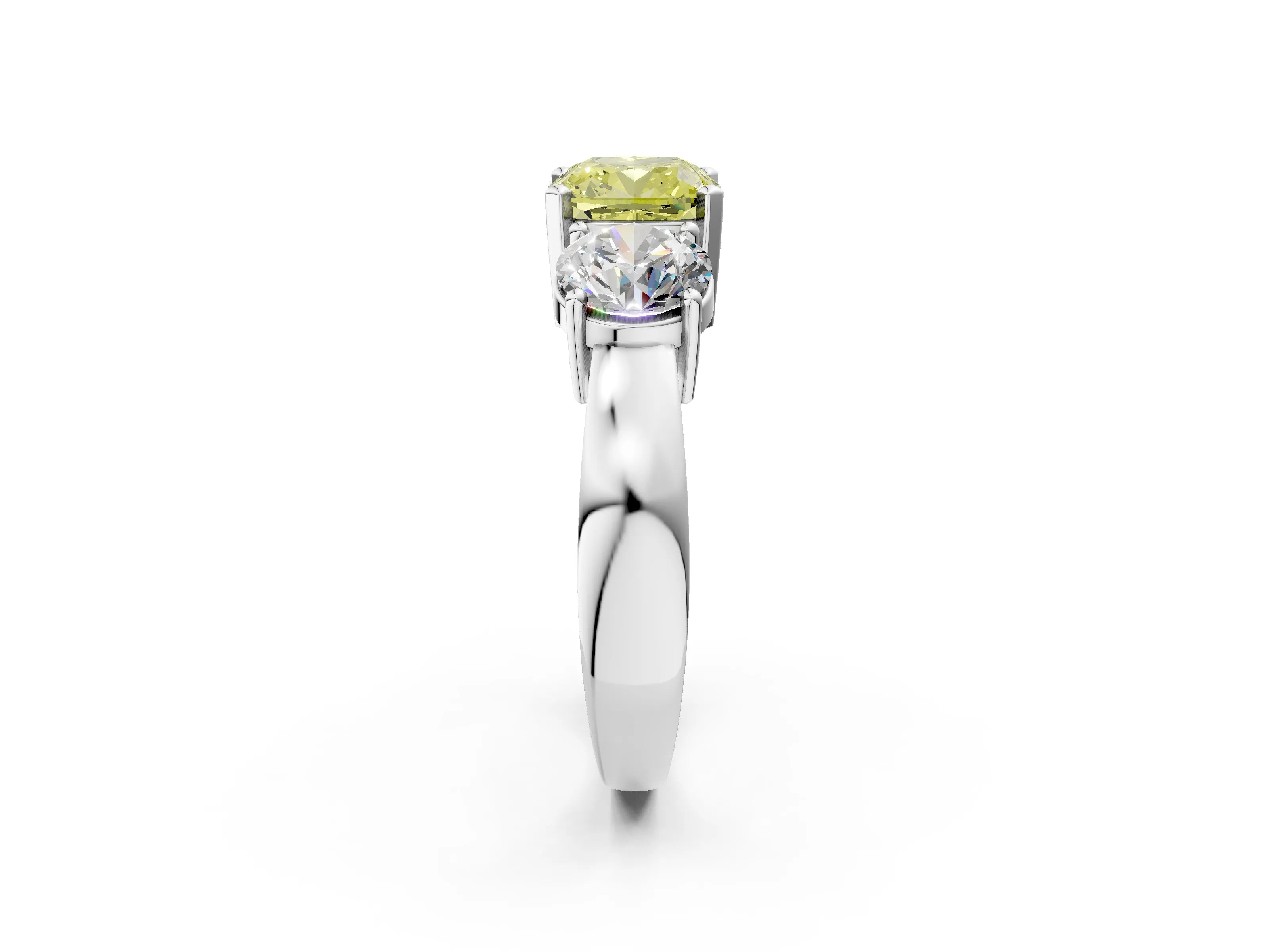 White gold Three-Stone Fancy Yellow Cushion Cut Diamond Ring with Round Side Stones, Classic Band, and Four-Prong Setting_44