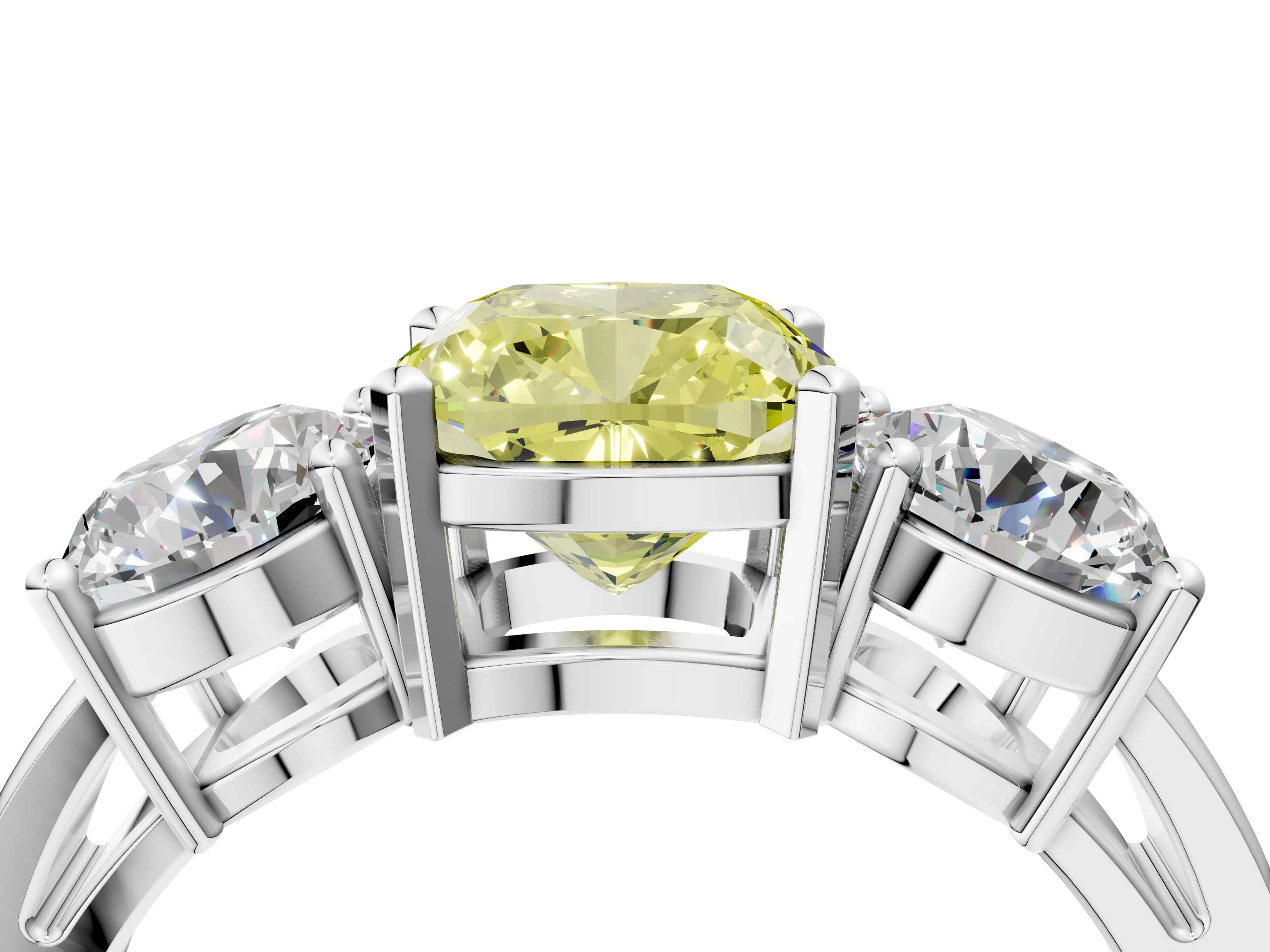 White gold Three-Stone Fancy Yellow Cushion Cut Diamond Ring with Round Side Stones, Classic Band, and Four-Prong Setting_46