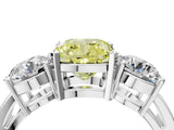 White gold Three-Stone Fancy Yellow Cushion Cut Diamond Ring with Round Side Stones, Classic Band, and Four-Prong Setting_46