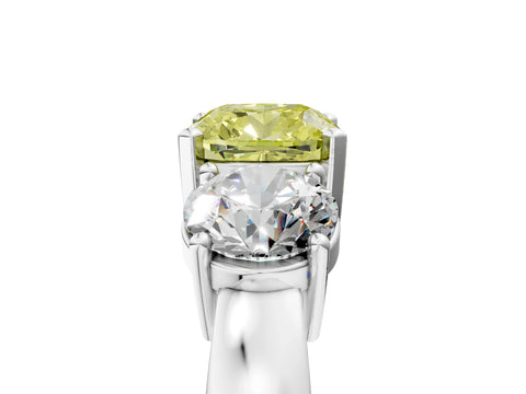 White gold Three-Stone Fancy Yellow Cushion Cut Diamond Ring with Round Side Stones, Classic Band, and Four-Prong Setting_47