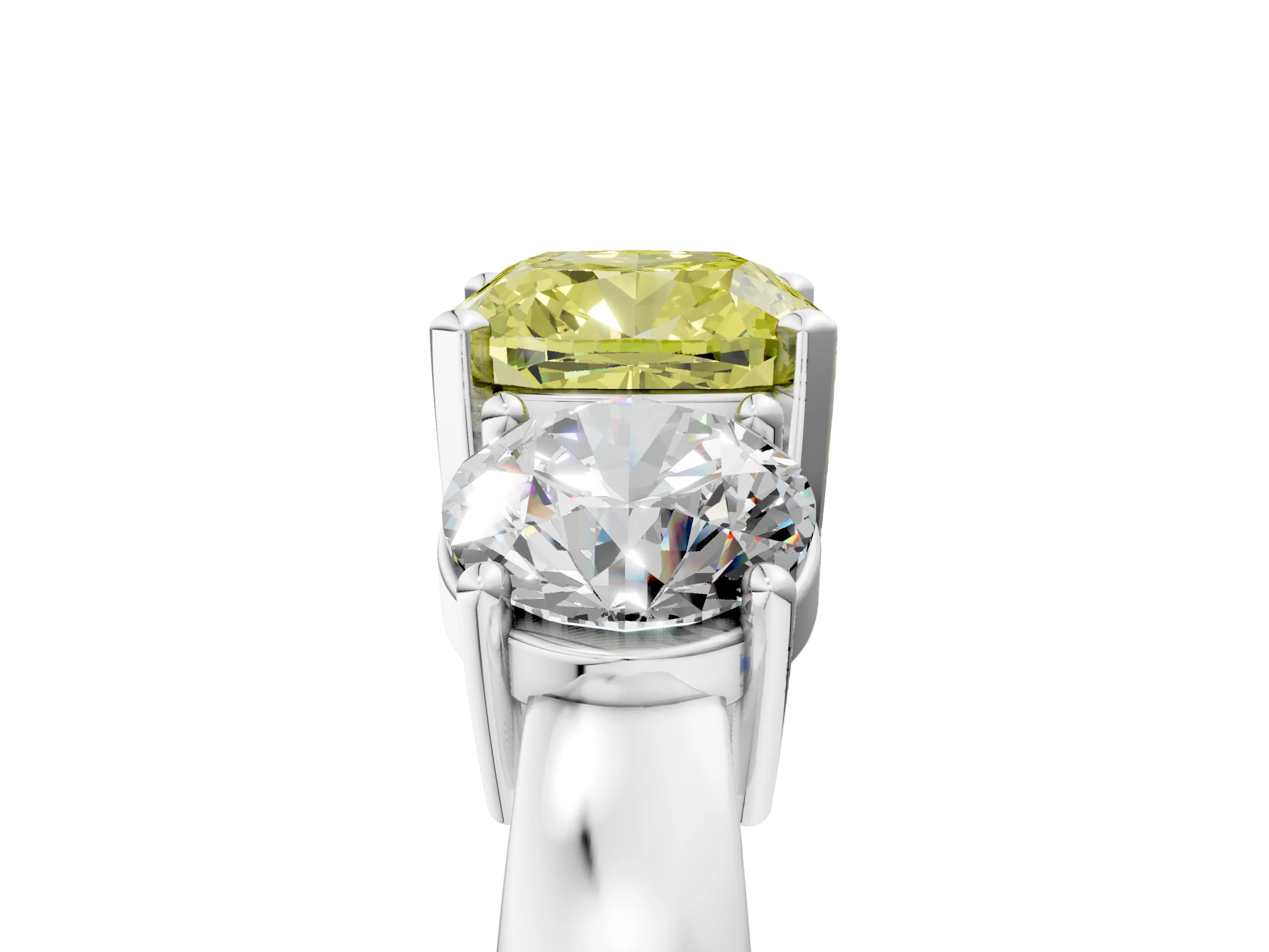 White gold Three-Stone Fancy Yellow Cushion Cut Diamond Ring with Round Side Stones, Classic Band, and Four-Prong Setting_47