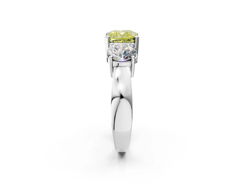 White gold Three-Stone Fancy Yellow Cushion Cut Diamond Ring with Round Side Stones, Classic Band, and Four-Prong Setting_48