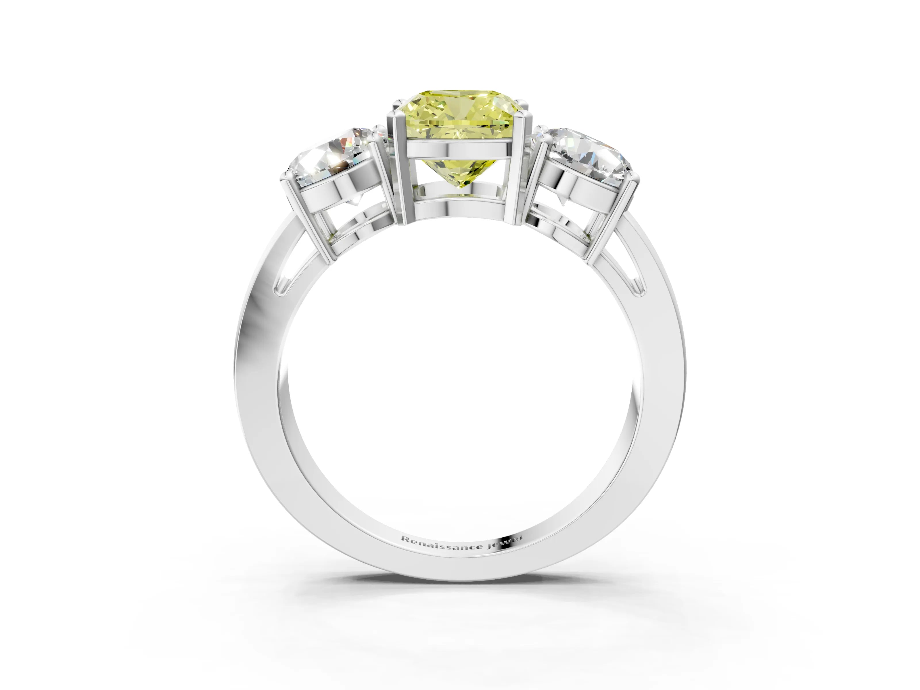 White gold Three-Stone Fancy Yellow Cushion Cut Diamond Ring with Round Side Stones, Classic Band, and Four-Prong Setting_49