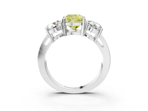 White gold Three-Stone Fancy Yellow Cushion Cut Diamond Ring with Round Side Stones, Classic Band, and Four-Prong Setting_49