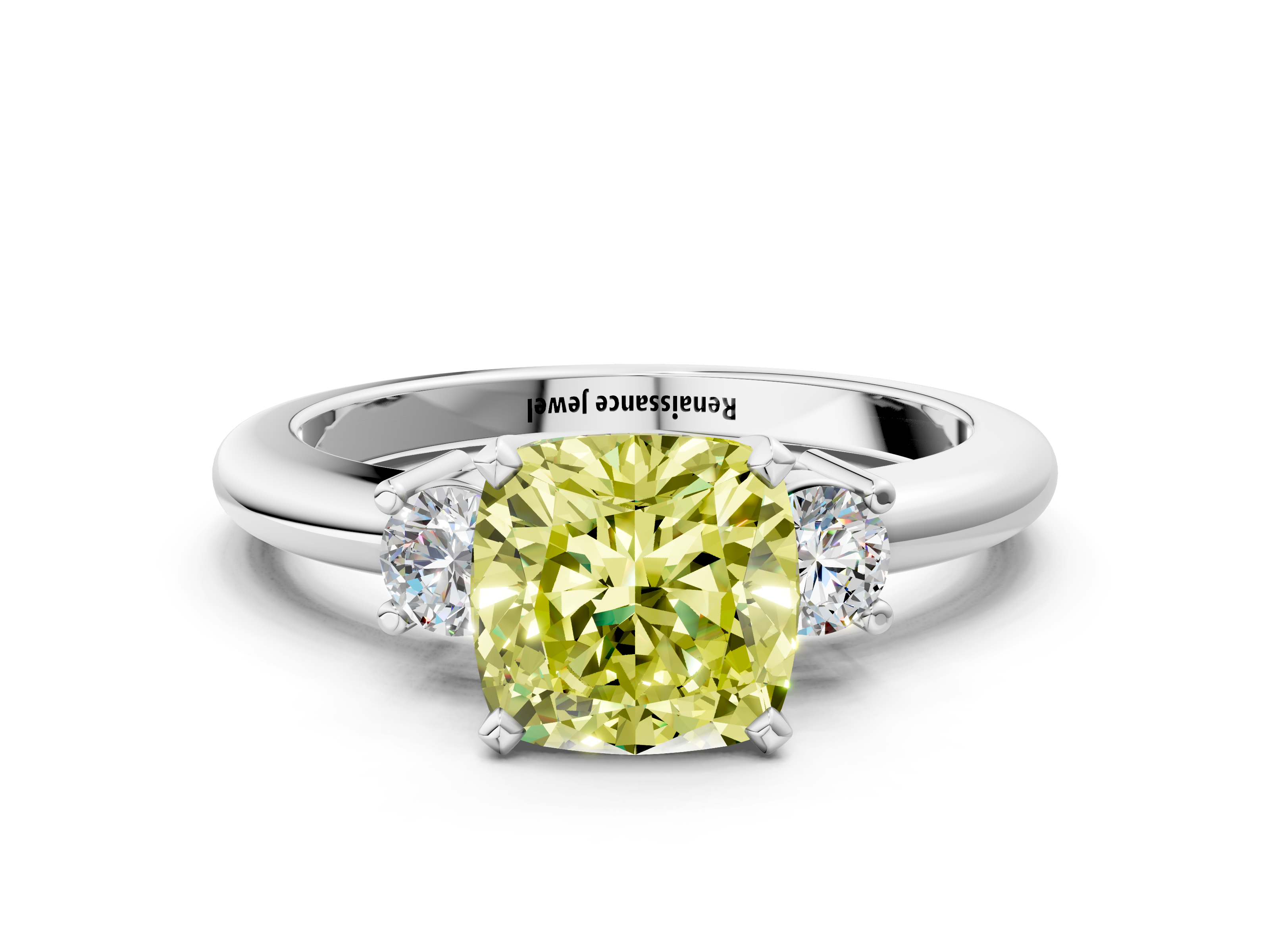 White gold Three-Stone Fancy Yellow Cushion  Cut Diamond Solitaire with Prong Setting and Classic Band_43