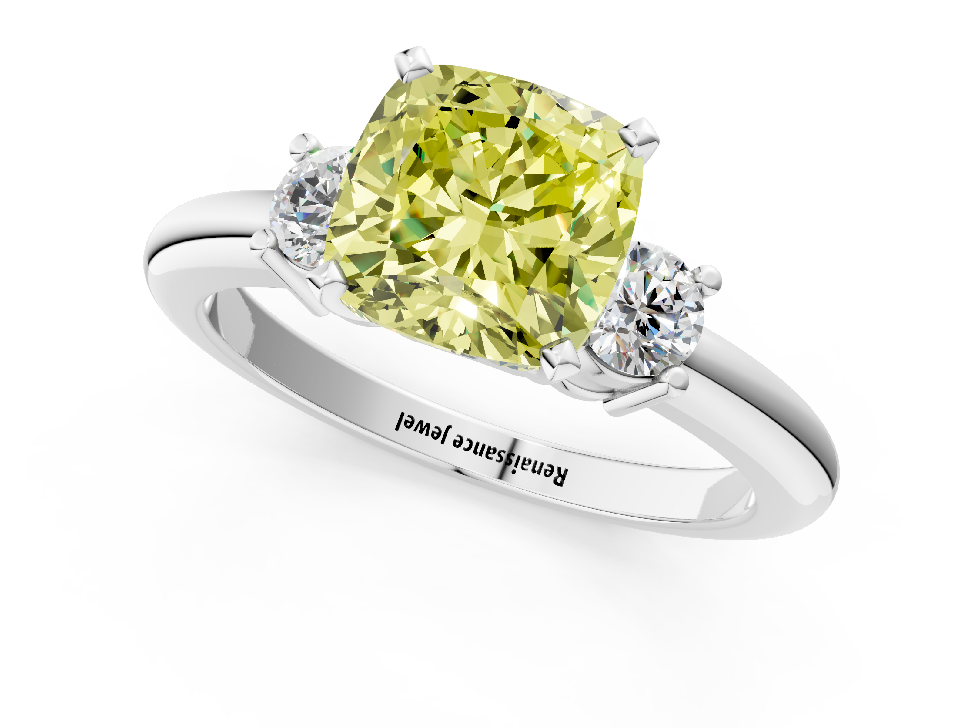 White gold Three-Stone Fancy Yellow Cushion  Cut Diamond Solitaire with Prong Setting and Classic Band_44