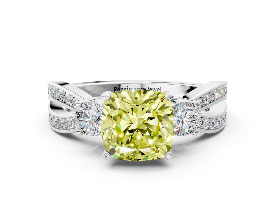 White gold Three-Stone Fancy Yellow Cushion  Cut Diamond Twist Band with Prong Setting_33