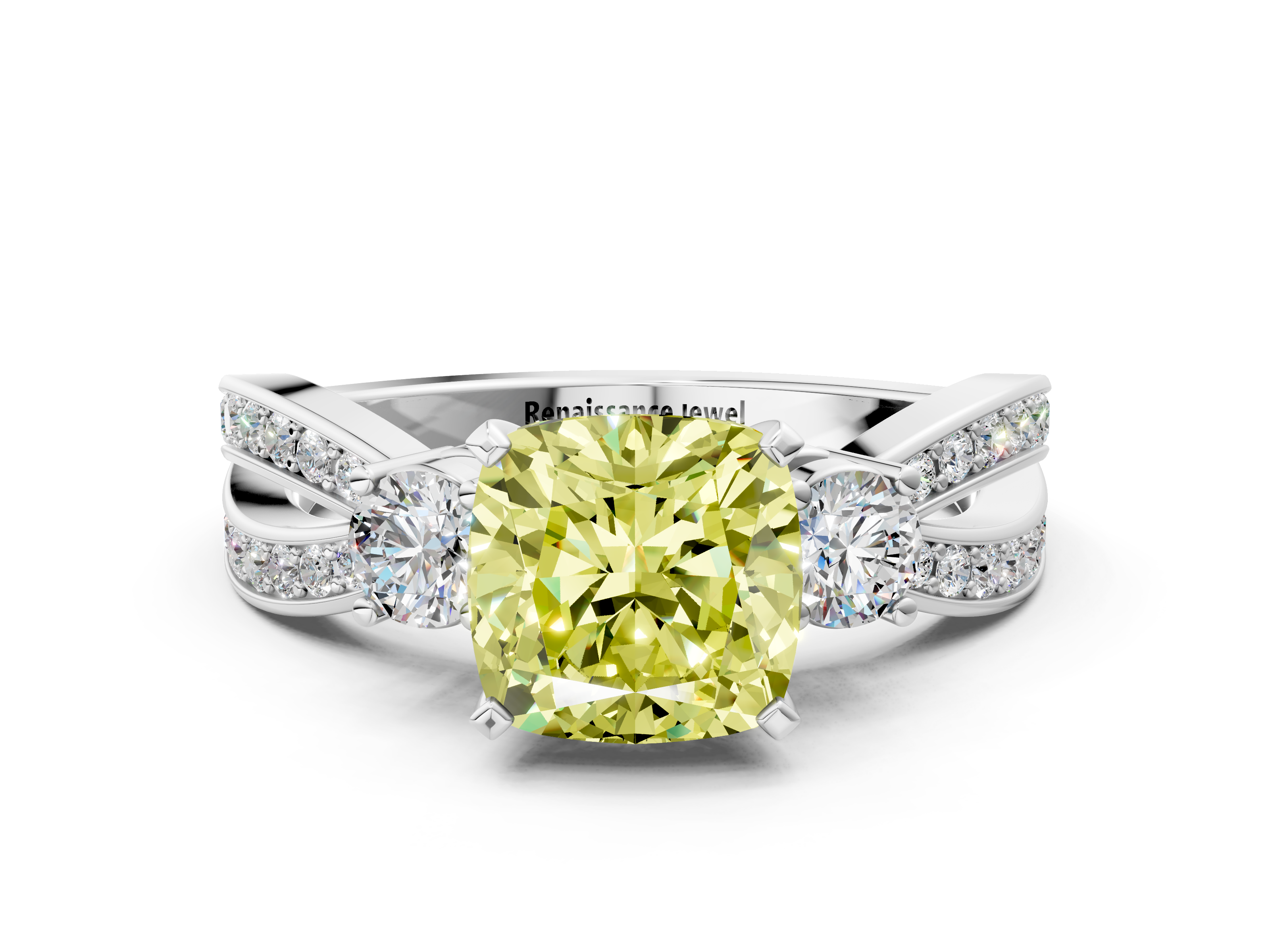 White gold Three-Stone Fancy Yellow Cushion  Cut Diamond Twist Band with Prong Setting_33