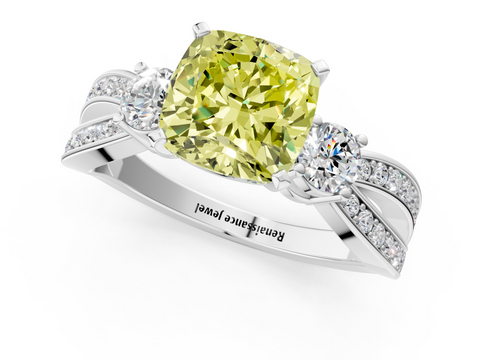 White gold Three-Stone Fancy Yellow Cushion  Cut Diamond Twist Band with Prong Setting_34