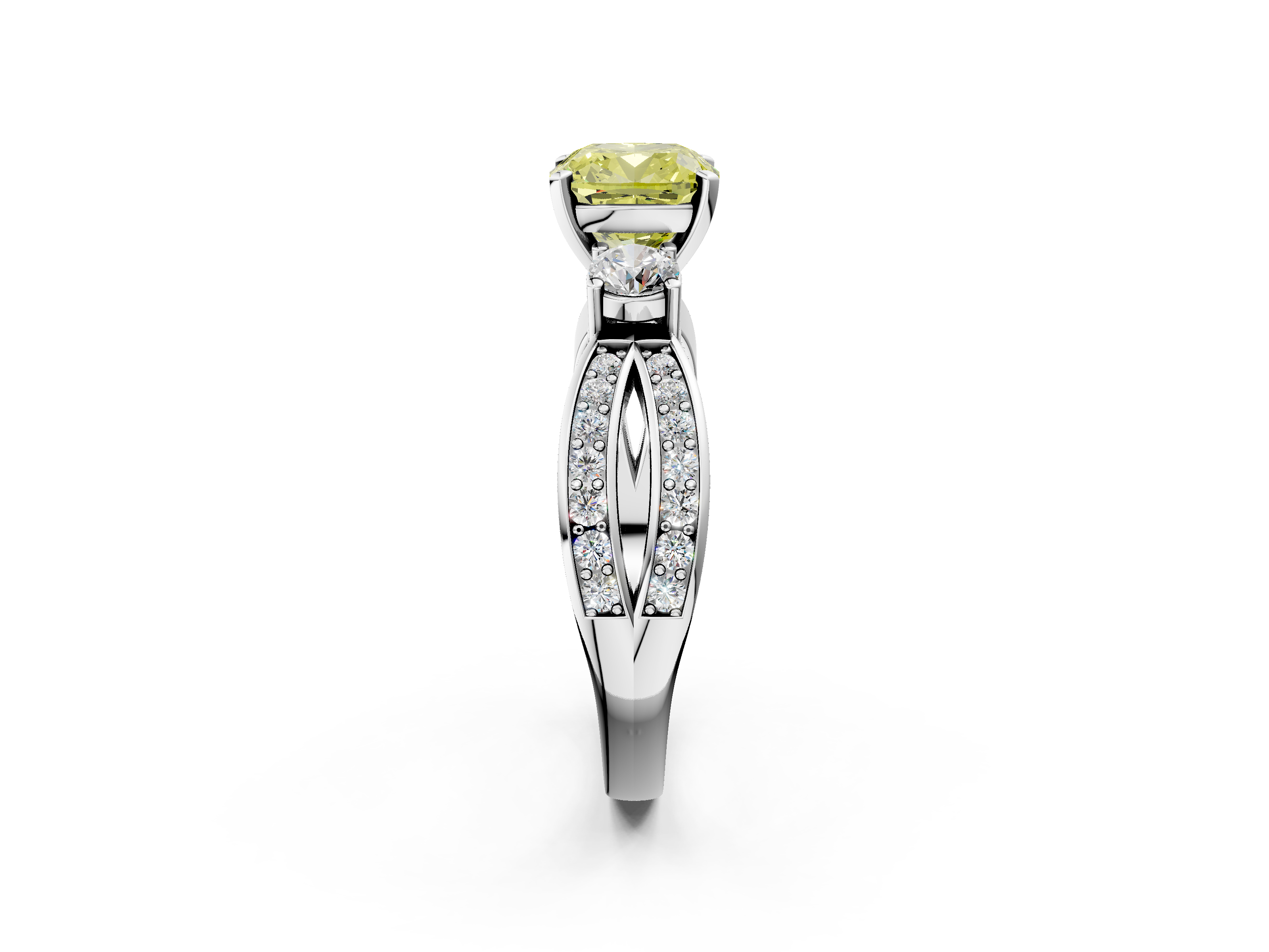 White gold Three-Stone Fancy Yellow Cushion  Cut Diamond Twist Band with Prong Setting_35