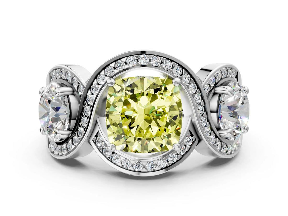 White gold Three-Stone Fancy Yellow Cushion Cut Diamond Wave Pave Band with Prong Setting_18
