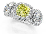 White gold Three-Stone Fancy Yellow Cushion Cut Halo Diamond Milgrain Band with Four-Prong Setting_1