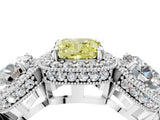 White gold Three-Stone Fancy Yellow Cushion Cut Halo Diamond Milgrain Band with Four-Prong Setting_4