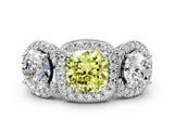 White gold Three-Stone Fancy Yellow Cushion Cut Halo Diamond Milgrain Band with Four-Prong Setting