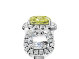 White gold Three-Stone Fancy Yellow Cushion Cut Halo Diamond Ring with Pave Band and Four-Prong Setting_5