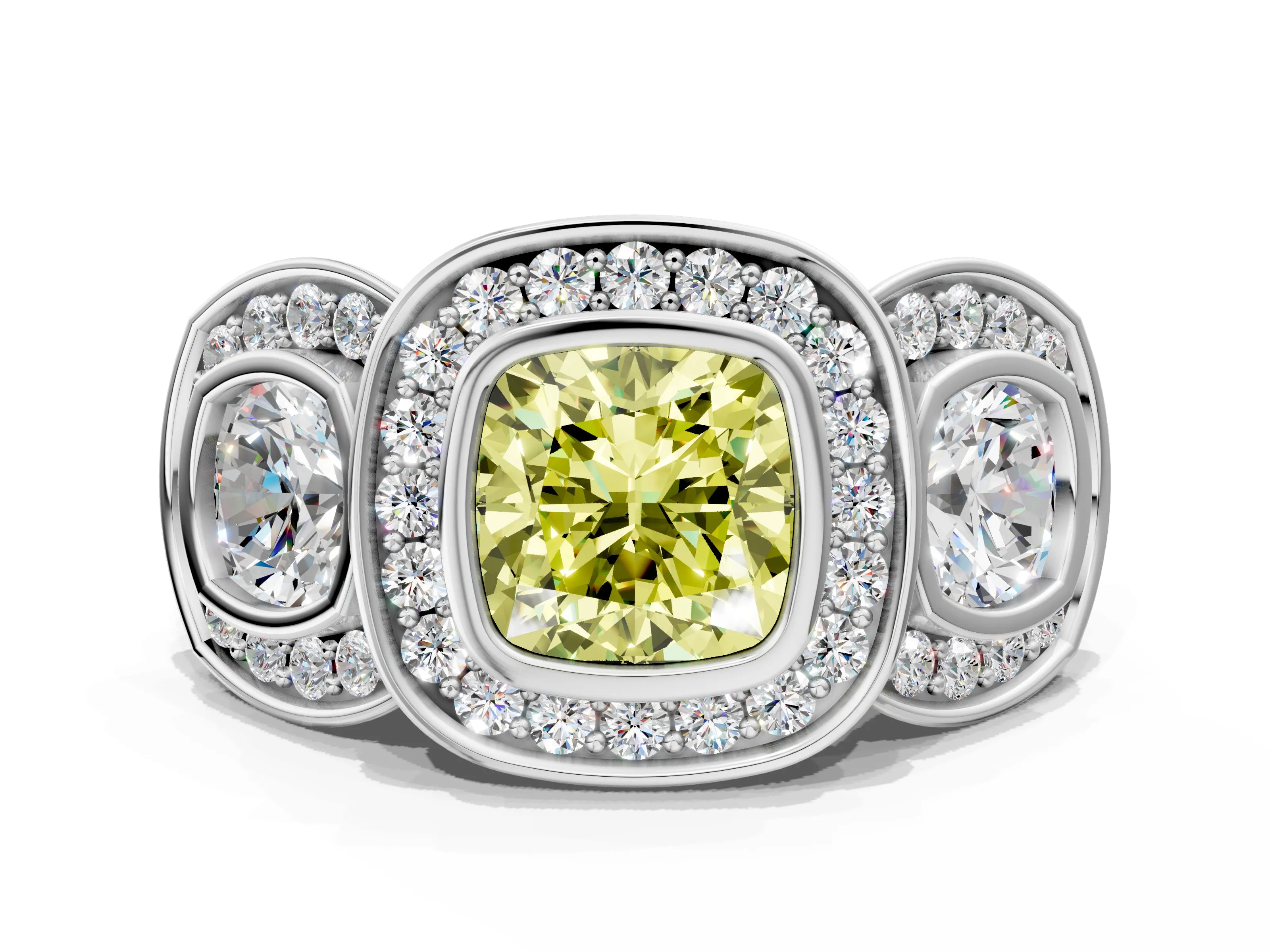 White gold Three-Stone Fancy Yellow Cushion Cut Halo Pavé Diamond Ring_12